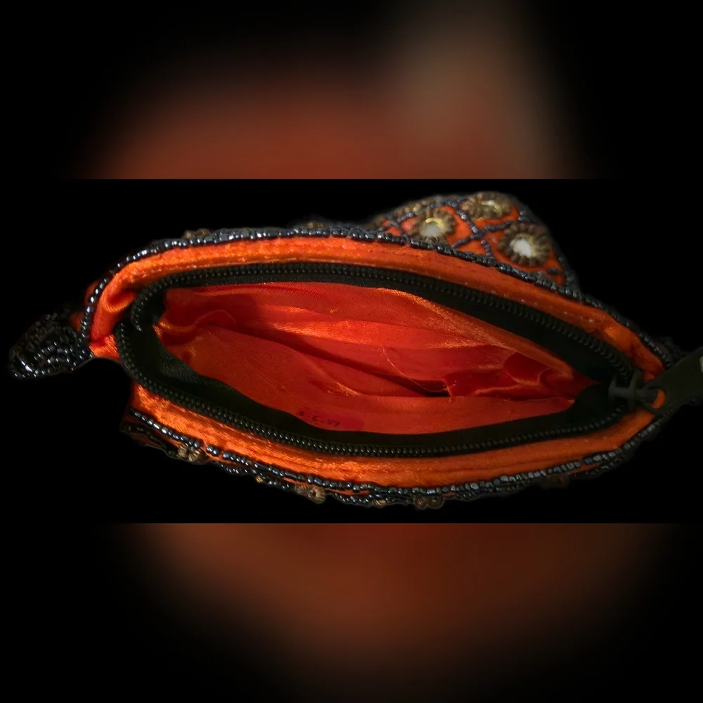 Handmade Indian Ethnic Beaded Purse Mirror Work Orange Potli Bag - Picture 6 of 6